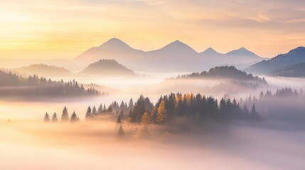 Fototapeta premium Misty Mountain Majesty: Tranquil Fog Blanketing Majestic Peaks in Nature's Embrace