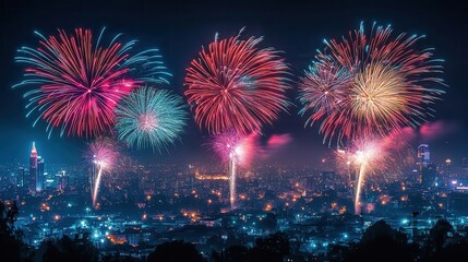 Obraz premium New Year's Eve fireworks lighting up the night sky, vibrant colors reflecting over a city skyline, celebratory and energetic atmosphere