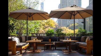 Fototapeta premium Outdoor terrace seating at a cafe, modern furniture under large umbrellas, bustling city backdrop, lively and social atmosphere