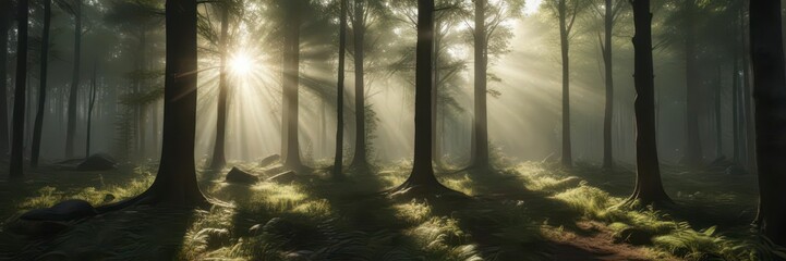 Panorama of forest with sunbeams filtering through trees ,  daybreak,  landscape,  forest