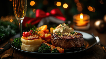 A plate of food with a glass of champagne and a lit candle