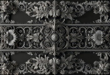 Obraz premium Ornate floral border with scroll design, black and white filigree, and heraldic elements, victorian frame, calligraphic, filigree
