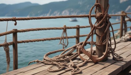 Rusty old anchor and fishing nets hanging on a wooden railing ,  ocean,  railing,  anchors