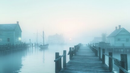 Obraz premium Tranquil Morning at a Misty Fishing Dock - Embracing Coastal Serenity with Bobbing Boats