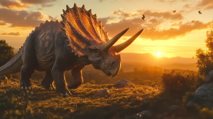 Naklejka premium Triceratops dinosaur at sunset in a prehistoric landscape.