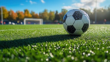 Obraz premium Soccer ball on field, close-up shot, green grass and goalposts in the background, mid-game action, bright sunny day, vibrant sports energy