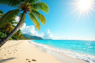 Sunny Beachscape with Palm Trees and Ocean Waves, Florida, Miami, palm trees