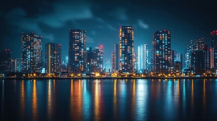 Obraz premium Urban skyline at night, city lights twinkling, tall buildings glowing against the dark sky, sense of energy and vibrancy