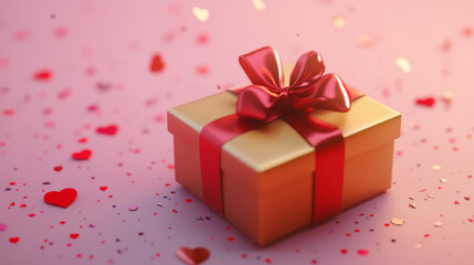 Obraz premium Valentine's Gift Box with Red Ribbon and Glittering Hearts on a Soft Pink Surface