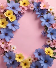 Fototapeta premium Soft pink gradient background with yellow accent, featuring a cluster of blue flowers in the center, cluster, blue, fuzzy