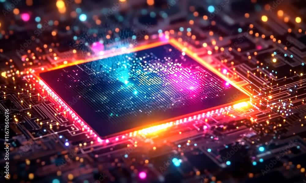 Poster neon glow cpu: a vibrant close-up of a central processing unit with glowing circuits.