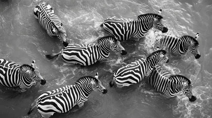 Fotobehang Zebras wading in shallow river water, aerial view. © Rapit