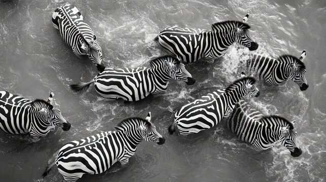 Fototapeta Zebras wading in shallow river water, aerial view.