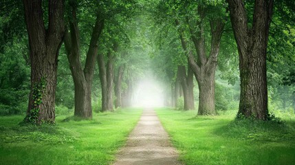 Obraz premium Enchanted Forest: Serene Woodland Path Amidst Swirling Fog and Towering Trees