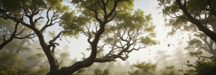 Swirling tree limbs and birds perched in foliage,  swirly patterns, ornamental trees,  forest