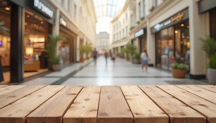 Fototapeta premium Empty wooden table space platform with blurred shopping mall or shopping center background for product display montage. Wooden desk with copy space.