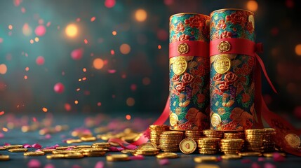 Two ornate cylindrical gift boxes sit atop a pile of gold coins, surrounded by scattered coins and petals against a bokeh background.