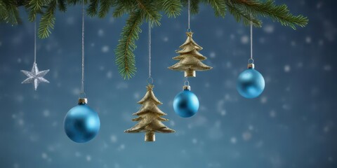 Twinkling Christmas tree ornaments suspended in mid-air against a serene blue background, blue background,  decor,  decoration