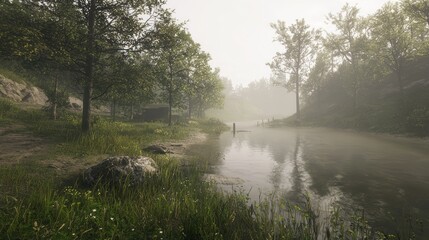 Serene Fishing Spot on Foggy River: Tranquil Moments of Reflection and Solitude