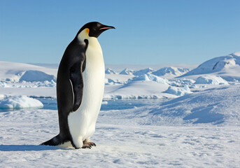 Fototapeta premium A majestic Emperor penguin stands gracefully on an Antarctic ice floe, under a clear blue sky, surrounded by dazzling icy landscapes. Close-up