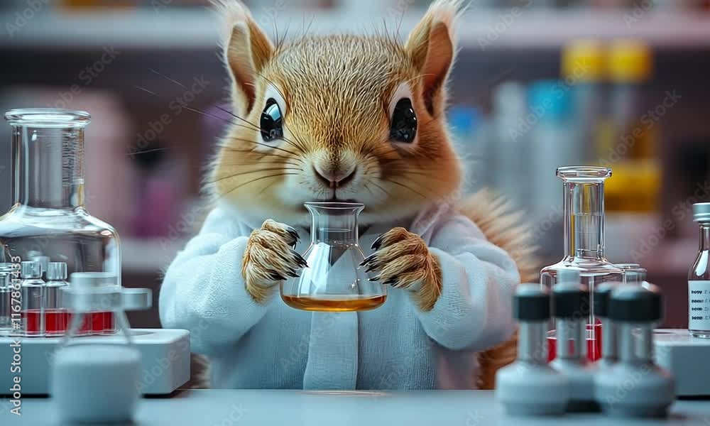 Poster scientist squirrel in a lab: a whimsical image of a cute squirrel dressed as a scientist, meticulous