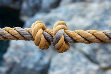 Fototapeta premium Thick rope knot, weathered texture, blurred background.