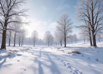 Serene winter landscape with snow-covered trees and a vast open space,  open space,  winter landscape,  frosty