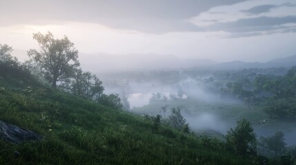 Obraz premium Serene Hillside Retreat: Misty Valley Landscape Bathed in Soft Light