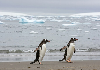 Obraz premium Two penguins walking on the seashore in Antarctica, close-up, full size. Blurred background.