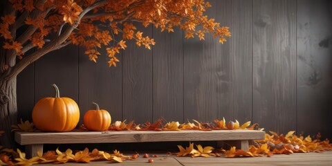Wooden plank shelf with carved pumpkin, surrounded by autumn leaves and twigs,  rustic home,  autumnal ambiance,  wood shelf