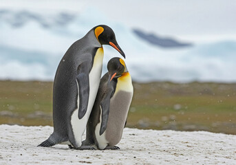 Obraz premium King penguin mating couple cuddling in wild nature, snow and ice. Pair two penguins making love. Wildlife scene from white nature. Bird behavior, wildlife scene from nature, South Georgia, Antarctica.
