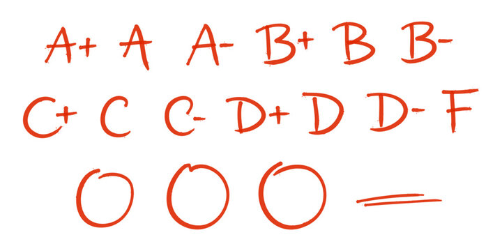 Hanwritten letter grades from A+ to F written in red