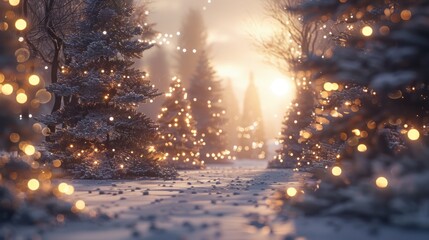 Magical winter wonderland path with glowing lights.