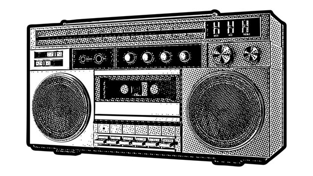 Old school radio and cassette tape player illustration in retro black and white halftone newspaper print graphic style