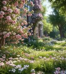 Obraz premium Spring season depiction with blooming flowers and greenery , greenery, botanical illustration, nature