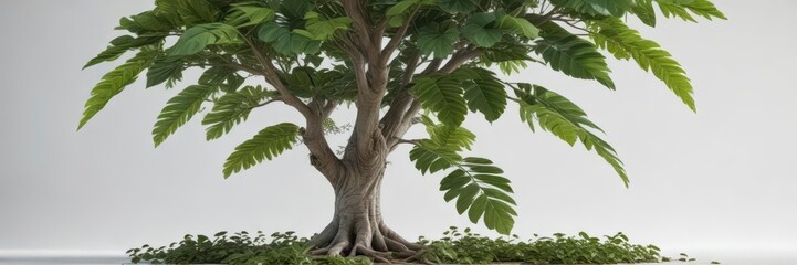 Fototapeta premium tree with large green leaves on white background, nature scenery, large leaves, plant life