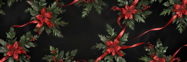 Swirl ribbons and stars on black background with festive holly pattern ,  decorative,  stars,  christmas