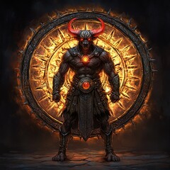 Obraz premium A muscular figure with horns stands before a fiery circular emblem, exuding power and intensity.