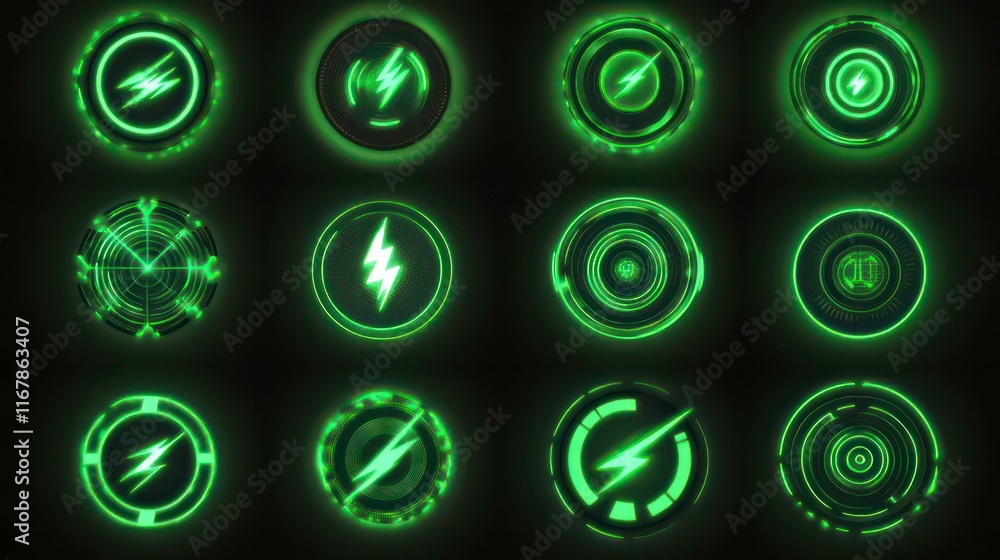 Poster neon green wireless charging icons set on dark background. glowing symbols with lightning bolts and 