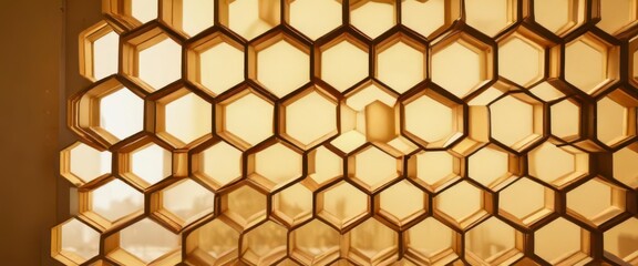 Sunlight filters through a honeycomb-patterned window frame onto a golden-colored wall ,  yellow,  golden,  interior