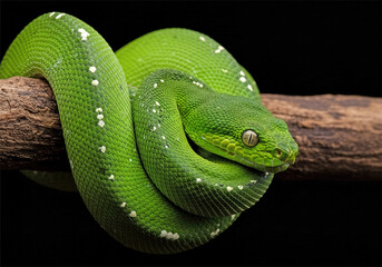 Fototapeta premium Side view animal closeup of green albolaris snake wrapped in tree branch close up green viper snake close up head, black background.