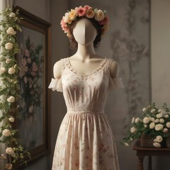 Vintage-inspired dress on a mannequin with a flower crown , ,  mannequin,  vintage dress