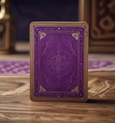 Fototapeta premium Vintage-inspired purple playing card on ornate wooden table, wooden table, golden label, antique