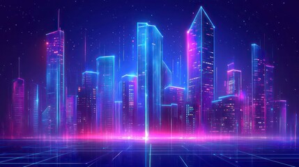 Fototapeta premium Neon metaverse city. Tech building background. Futuristic cyber virtual reality technology for world cityscape hologram. Ai night skyline bg. Modern street architecture with data network concept