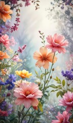 Vibrant watercolor florals in a whimsical, dreamy setting with soft focus and blurred edges ,  floral design,  colorful blooms,  organic shapes