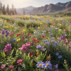 Fototapeta premium Vibrant wildflowers swaying gently in the breeze, earthy, landscape, grassland