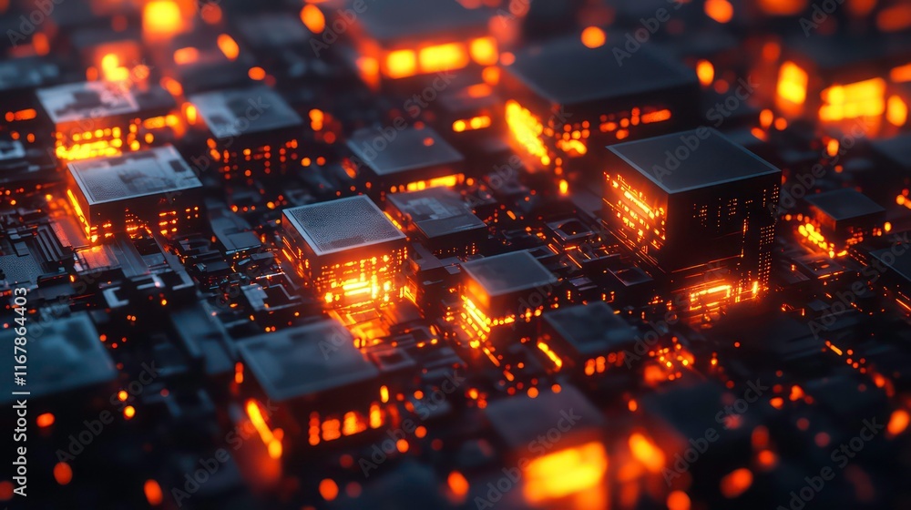 Poster abstract glowing circuit board with illuminated cubes, representing technology and innovation.