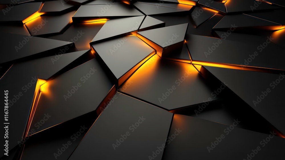 Poster overlapping glowing polygons in a minimalist tech style.