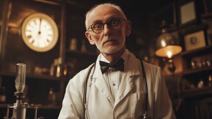 Elderly Caucasian Doctor in Vintage Office - Serious