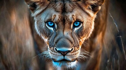 Majestic Lioness with Striking Blue Eyes in Savanna